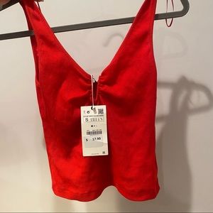 Red ribbed tank top small v neck plunge